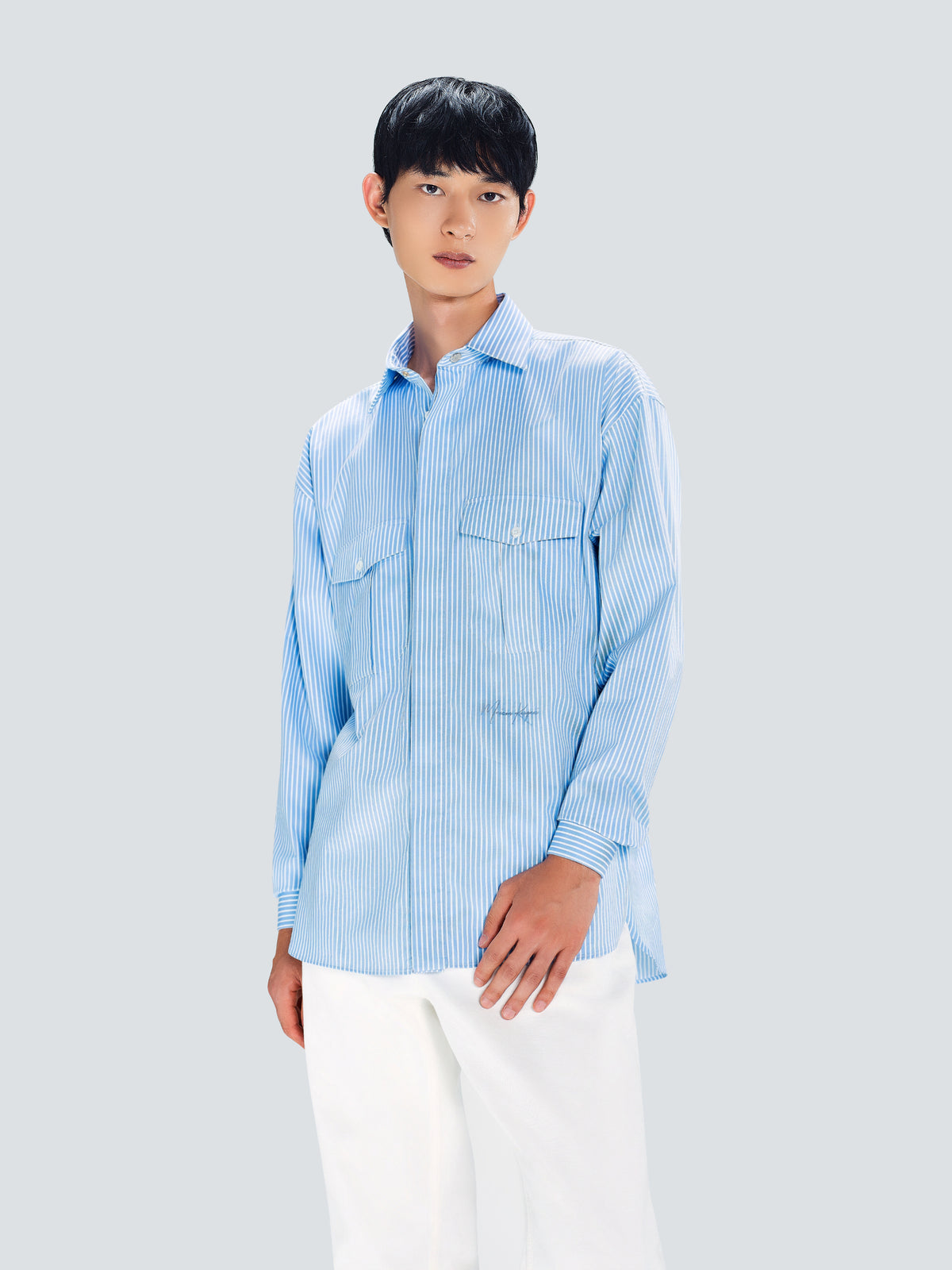 Oversized Striped Cotton Shirt in Light Blue by Maison Kargani
