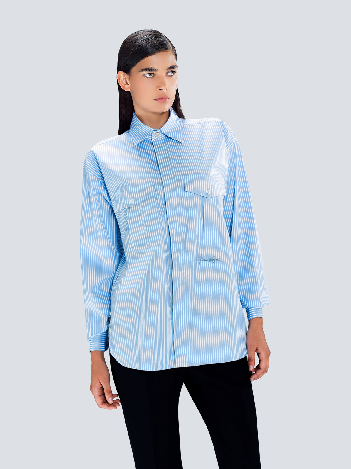 Oversized Striped Cotton Shirt in Light Blue by Maison Kargani