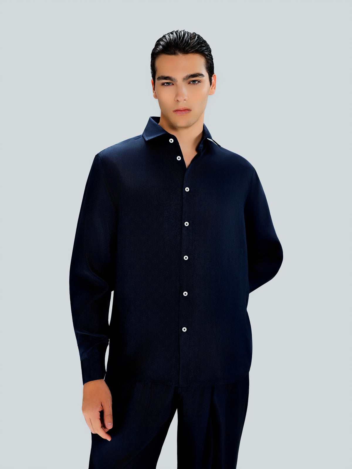 Tailored Silk Shirt in Navy Blue by Maison Kargani