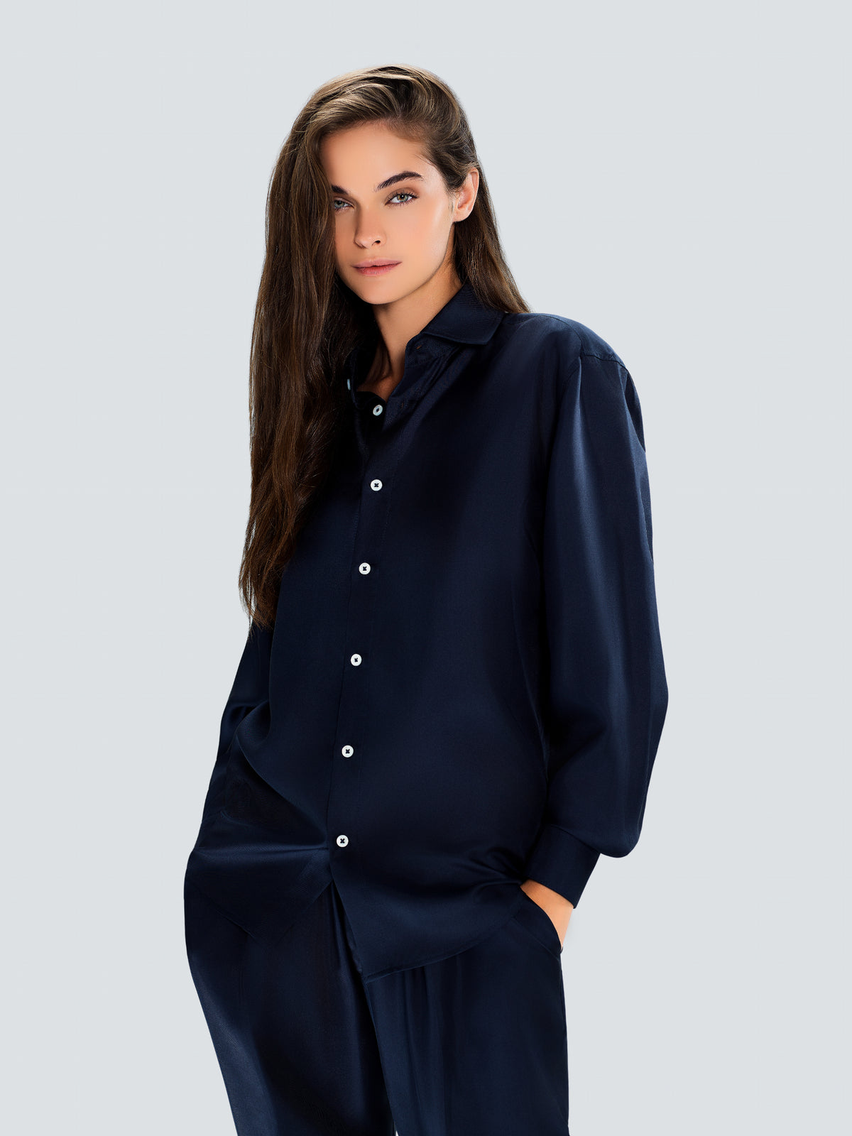 Tailored Silk Shirt in Navy Blue by Maison Kargani