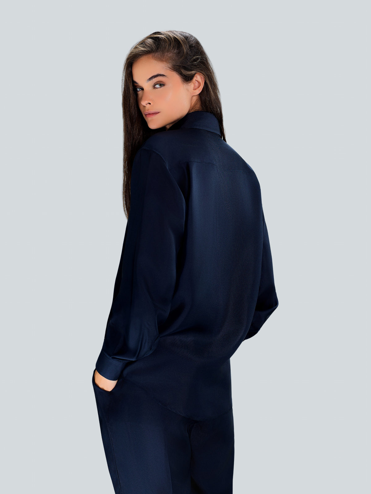 Tailored Silk Shirt in Navy Blue by Maison Kargani