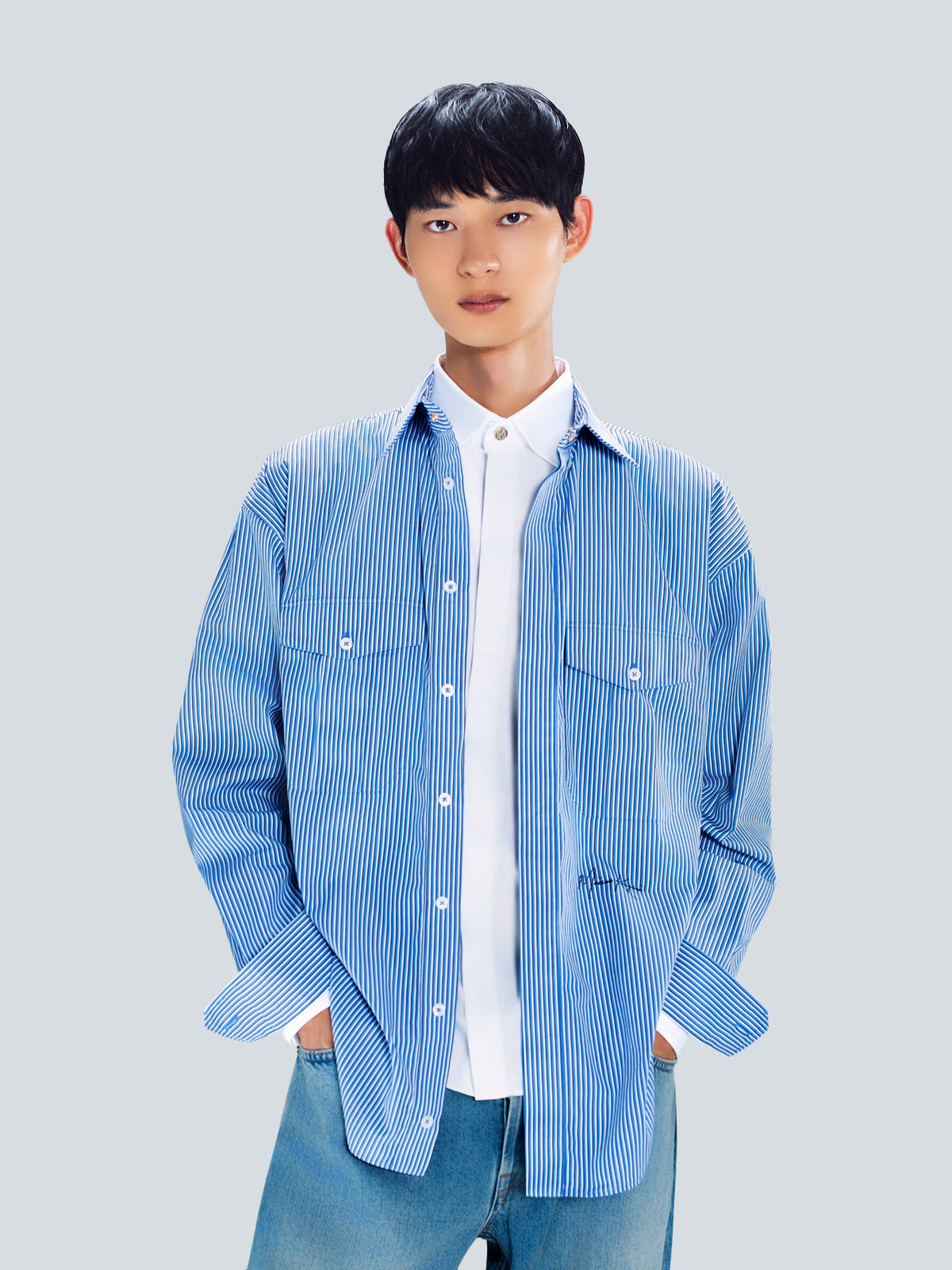 Oversized Striped Cotton Shirt in Dark Blue by Maison Kargani
