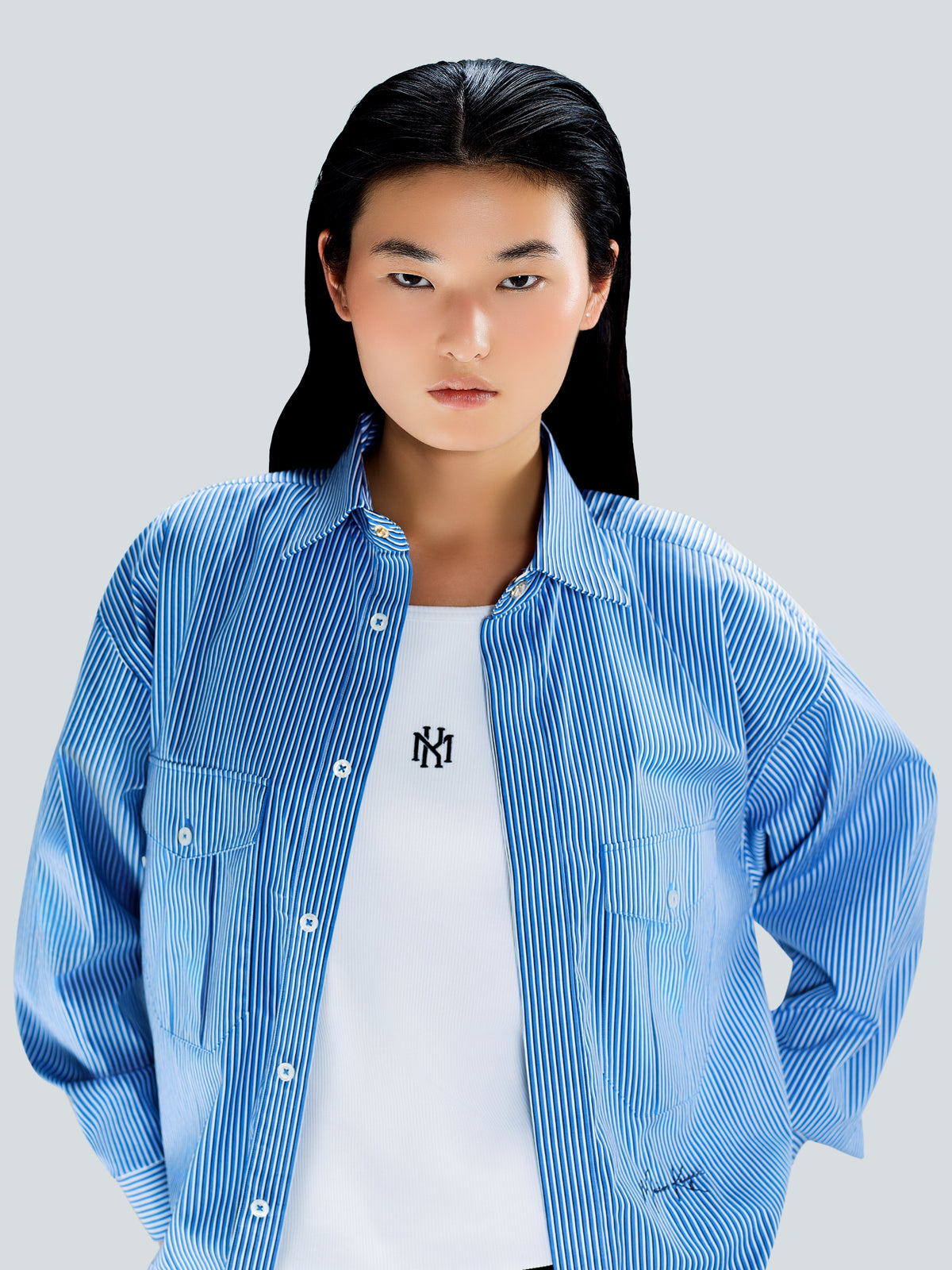 Oversized Striped Cotton Shirt in Dark Blue by Maison Kargani