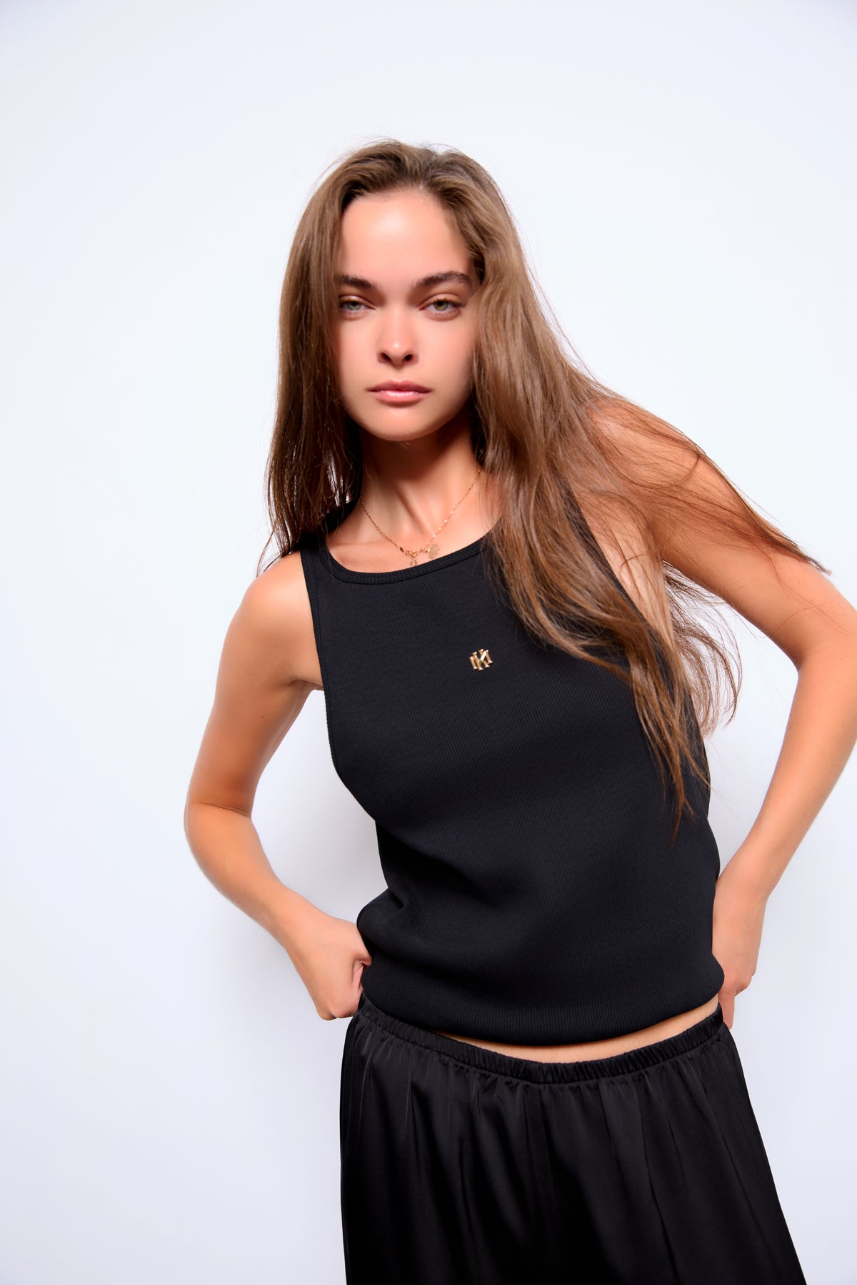 Gold Metal MK Monogram Ribbed Cotton Tank Top by Maison Kargani