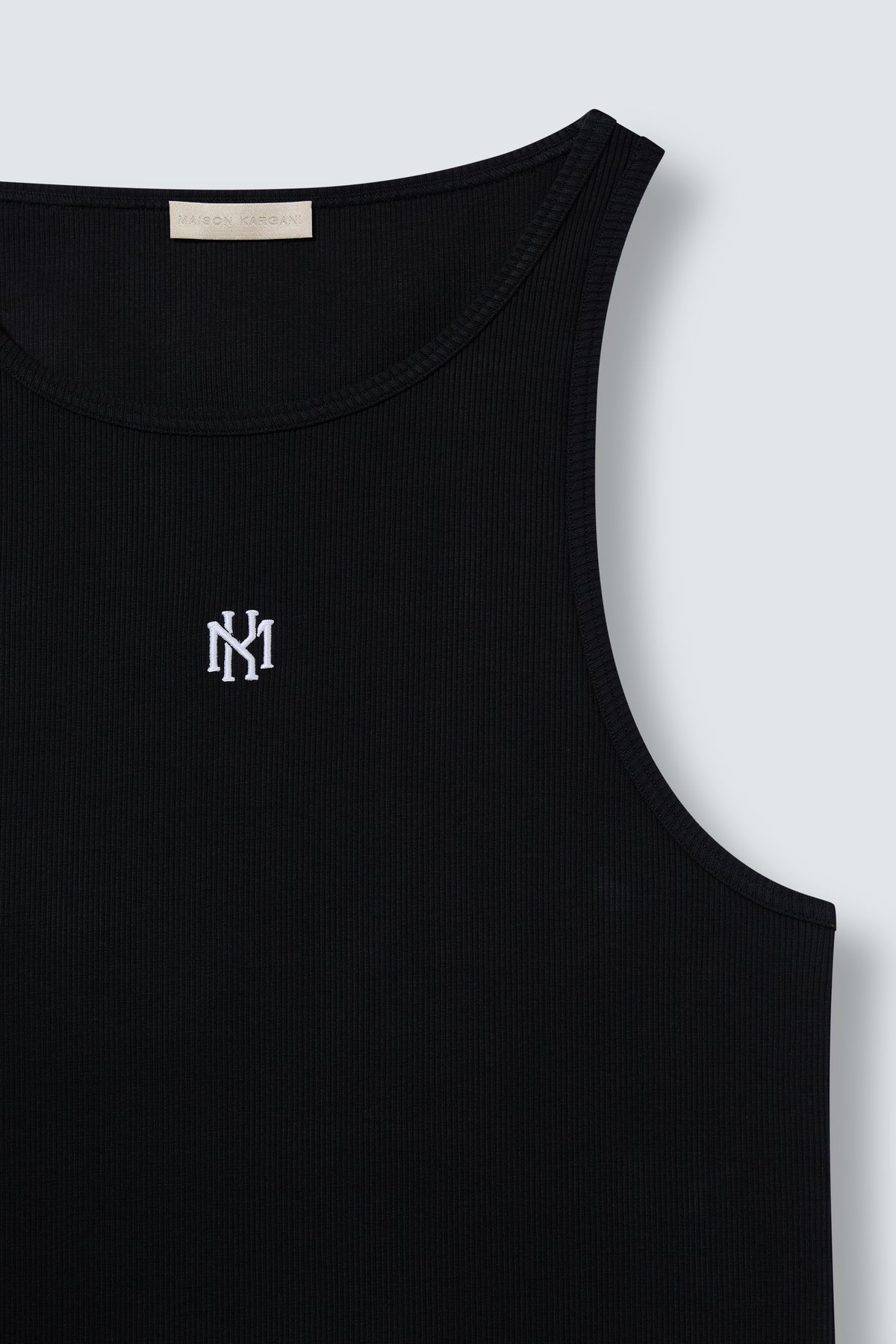 MK Monogram Ribbed Cotton Tank Top in Black by Maison Kargani