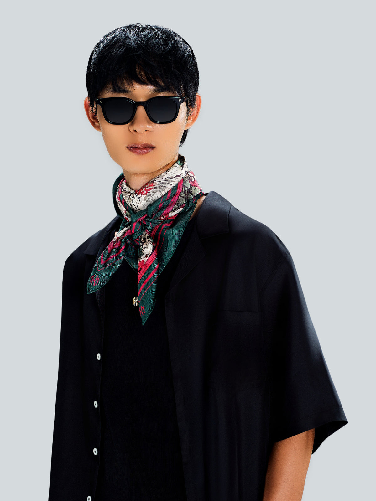 Budo 2 Signature Silk Scarf 90 × 90 cm tied at the neck, styled by Maison Kargani