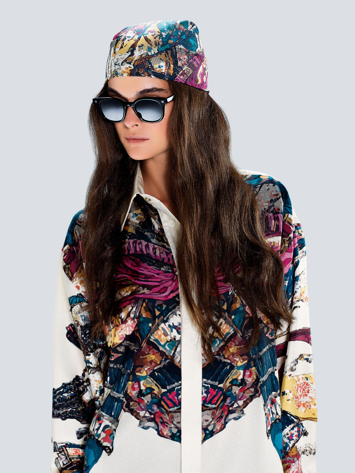 Budo 3 Signature Silk Scarf 90 × 90 cm worn as a headscarf, styled by Maison Kargani