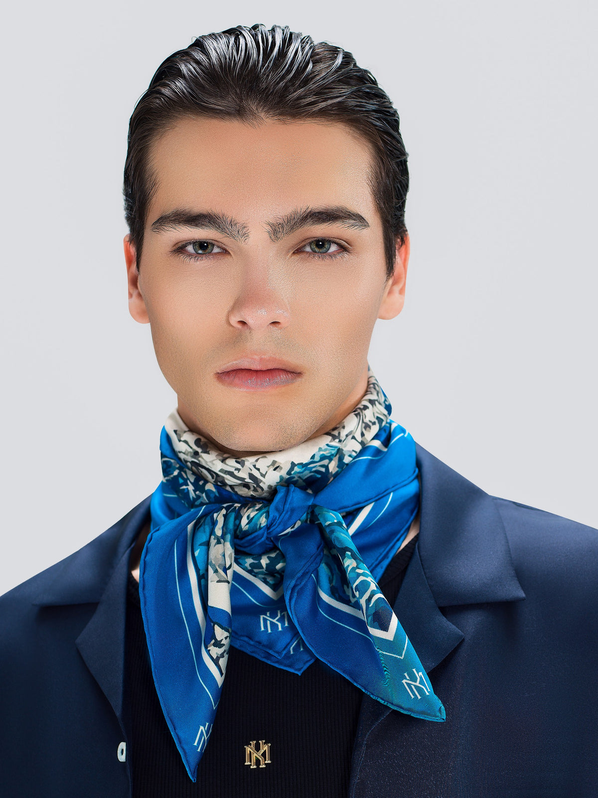 Portrait of Geisha Signature Silk Scarf 90 × 90 cm tied at the neck, styled by Maison Kargani