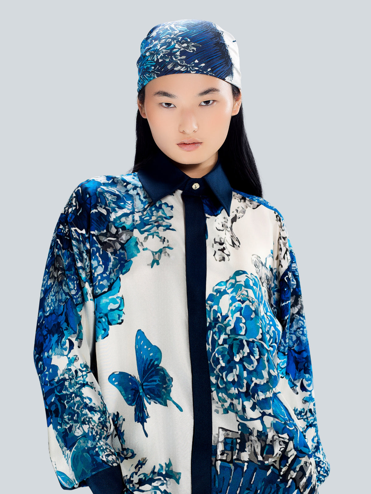 Portrait of Geisha Signature Silk Scarf 90 × 90 cm worn as a headscarf, styled by Maison Kargani
