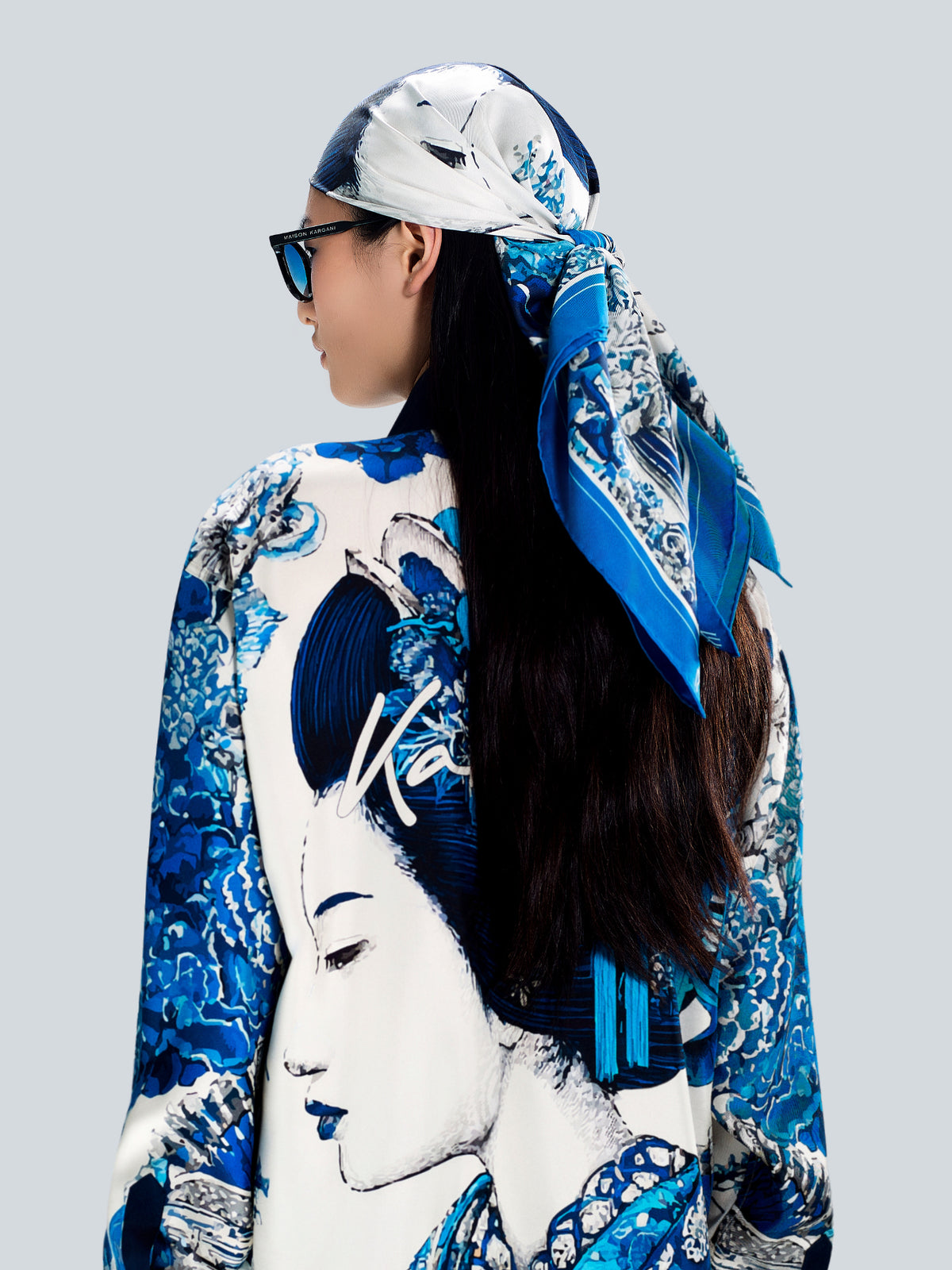 Portrait of Geisha Signature Silk Scarf 90 × 90 cm tied in the hair, back view, styled by Maison Kargani