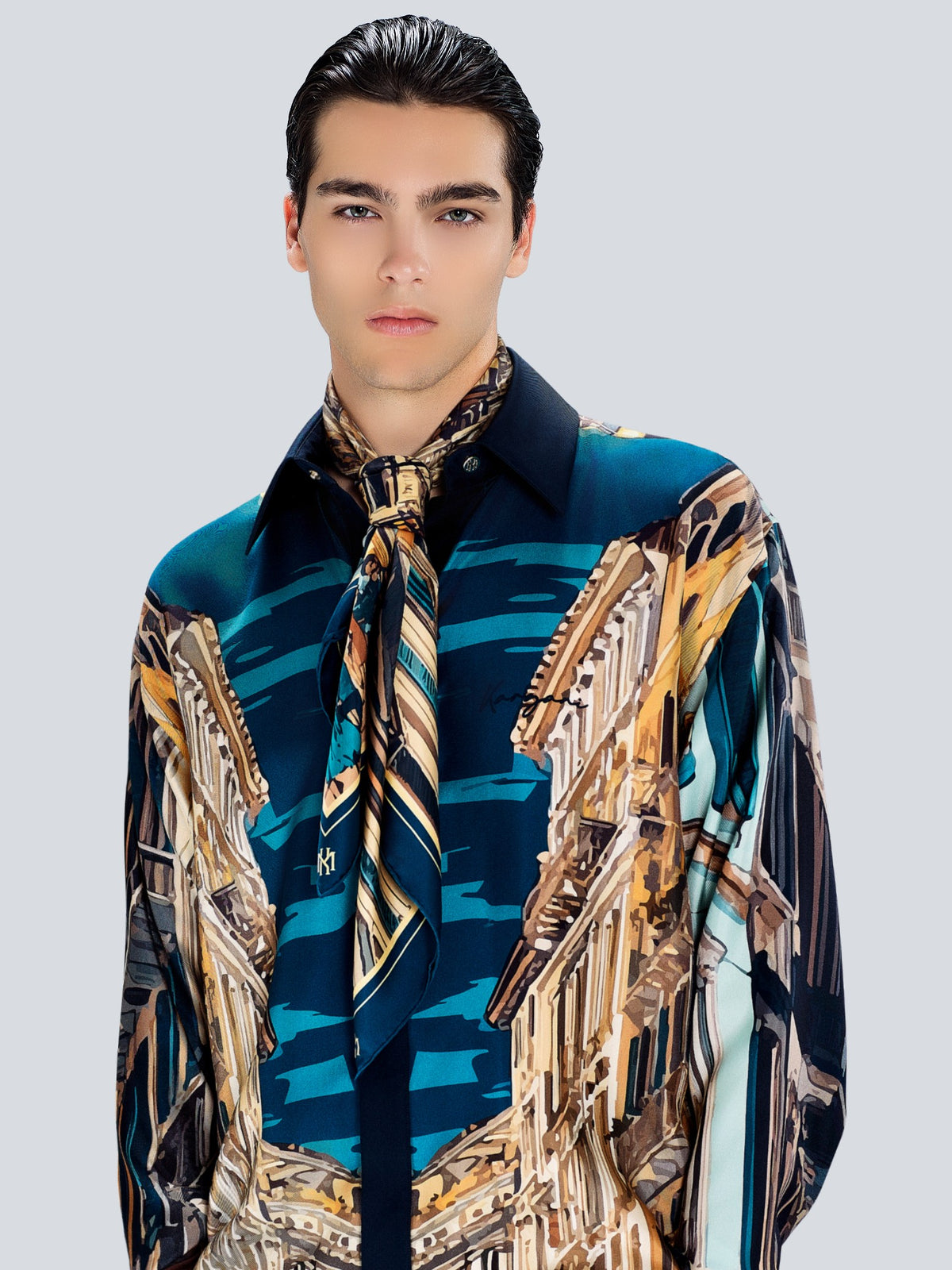 Via Montenapoleone Signature Silk Scarf 90 × 90 cm knotted as a tie, styled by Maison Kargani