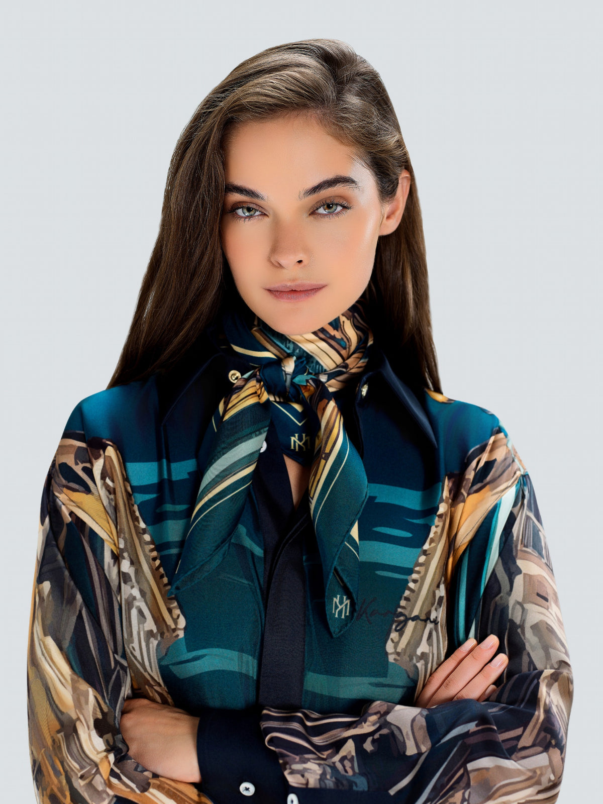 Via Montenapoleone Signature Silk Scarf 90 × 90 cm tied at the neck, styled by Maison Kargani